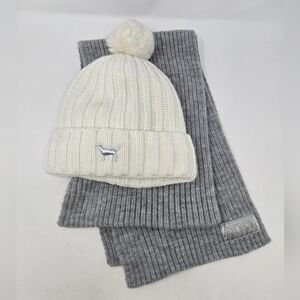 VICTORIA'S SECRET PINK WINTER BUNDLE GREY RIBBED SCARF CREAM POM BEANIE WOMEN OS